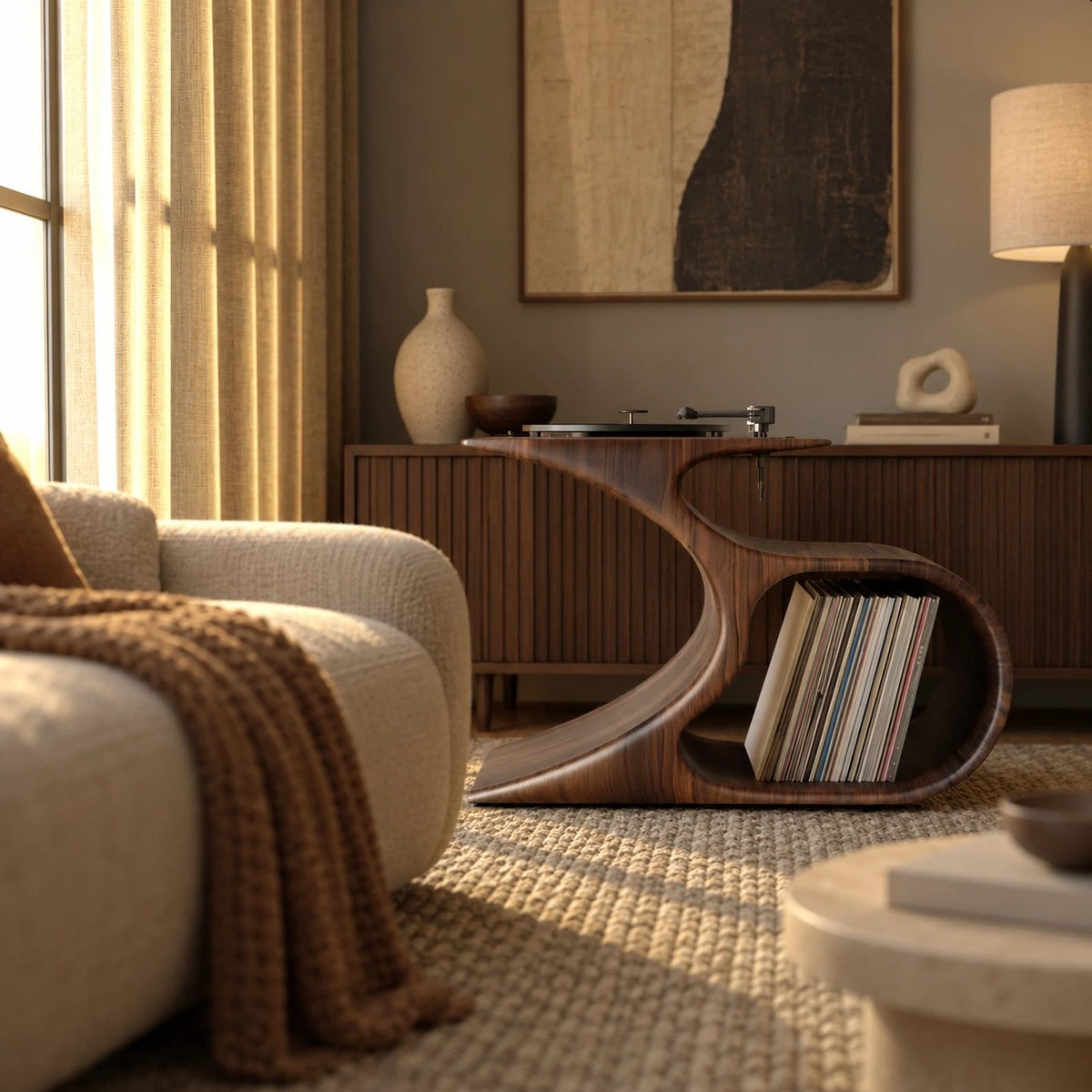 Farmhouse Curved Leg Wood Record Player Stand With Open Storage