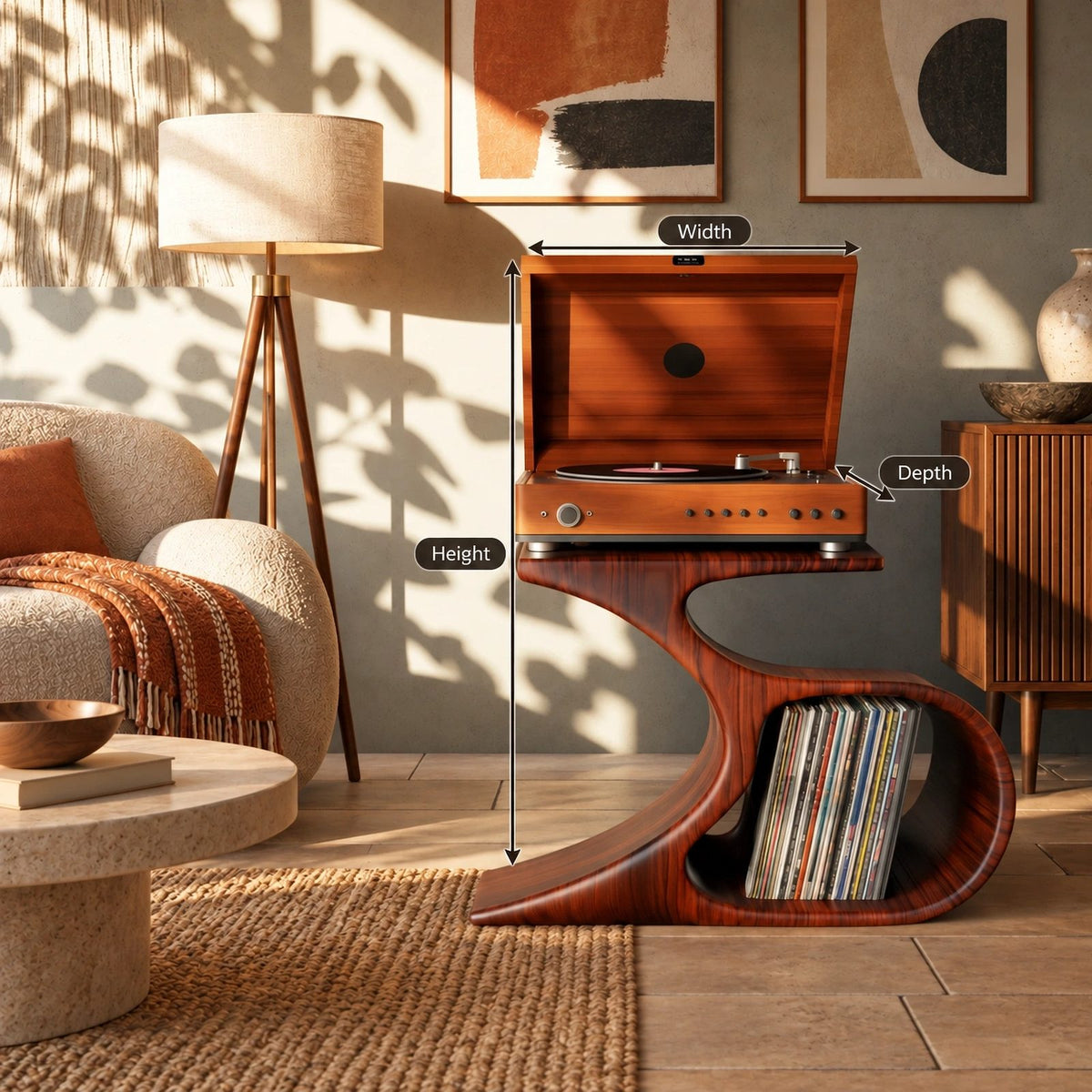 Farmhouse Curved Leg Wood Record Player Stand With Open Storage