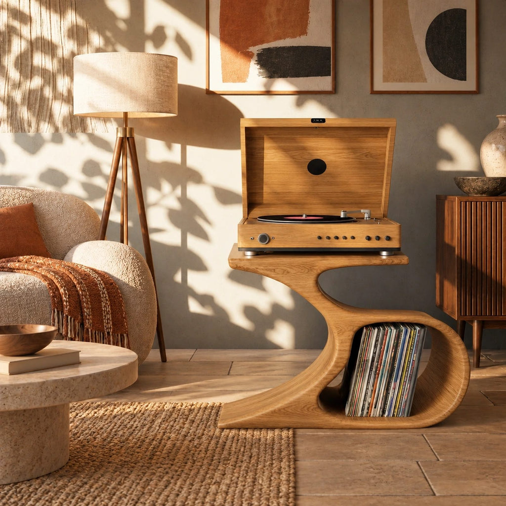 Farmhouse Curved Leg Wood Record Player Stand With Open Storage