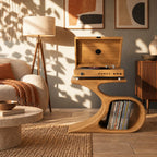 Farmhouse Curved Leg Wood Record Player Stand With Open Storage