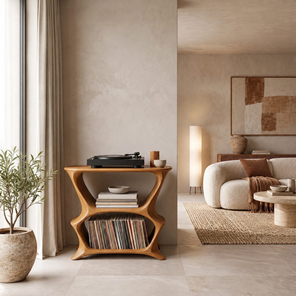 Minimalist Wood Record Player Stand With Curved Open Shelf