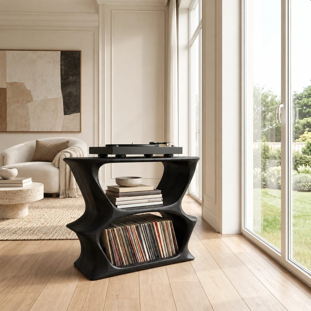 Minimalist Wood Record Player Stand With Curved Open Shelf