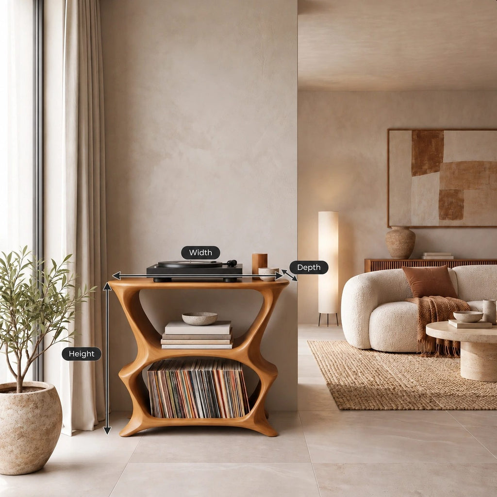 Minimalist Wood Record Player Stand With Curved Open Shelf