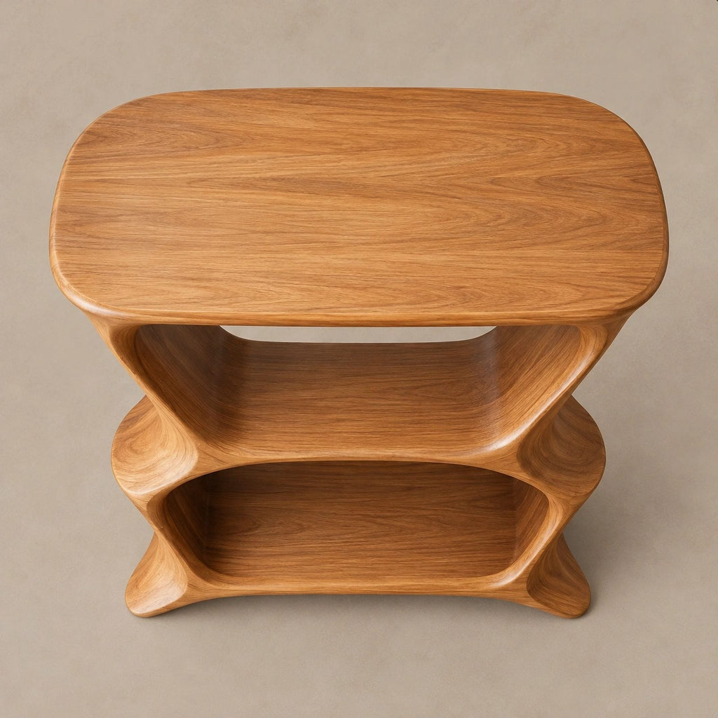 Minimalist Wood Record Player Stand With Curved Open Shelf
