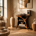 Handcrafted Arched Wood Record Player Stand With Open Shelf