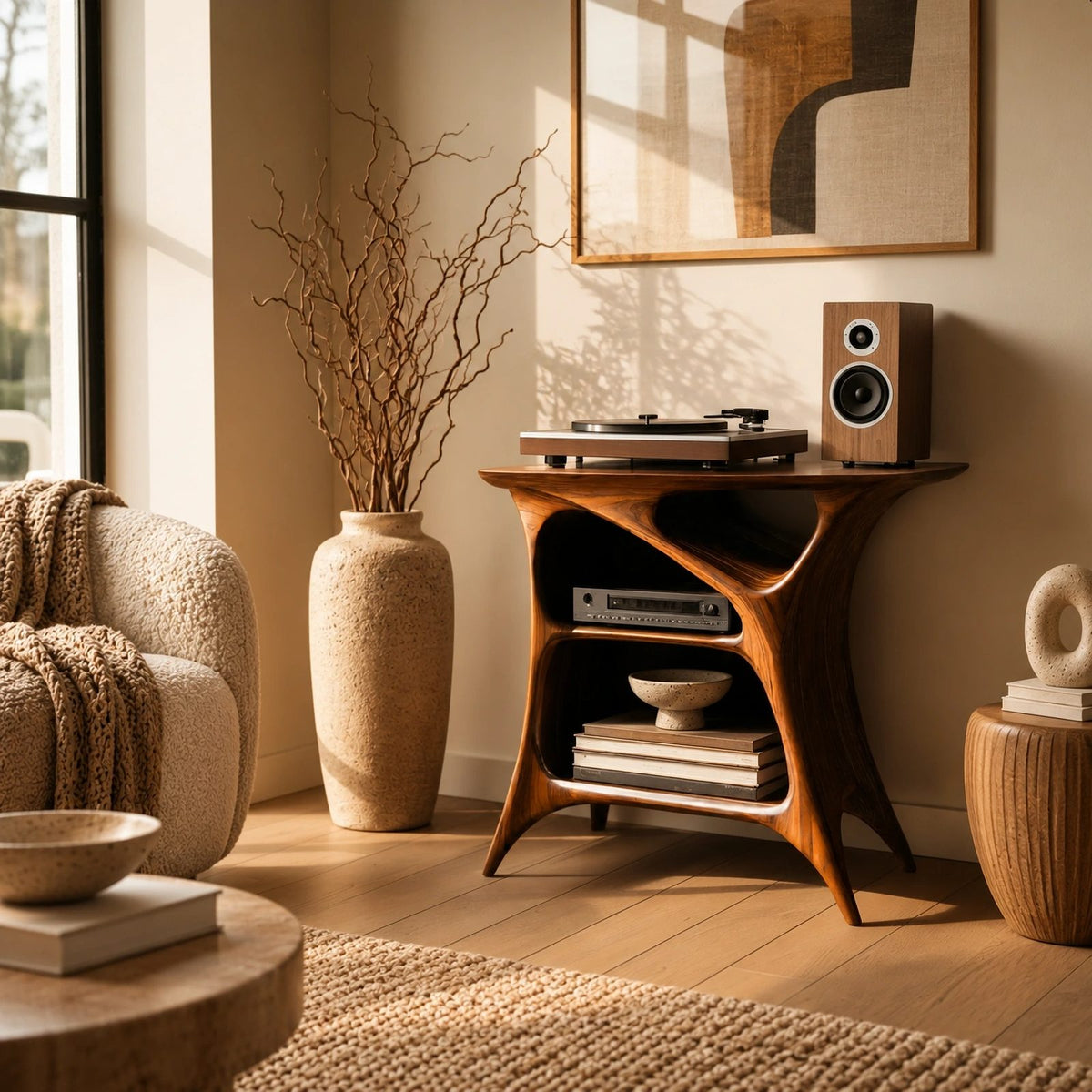 Handcrafted Arched Wood Record Player Stand With Open Shelf