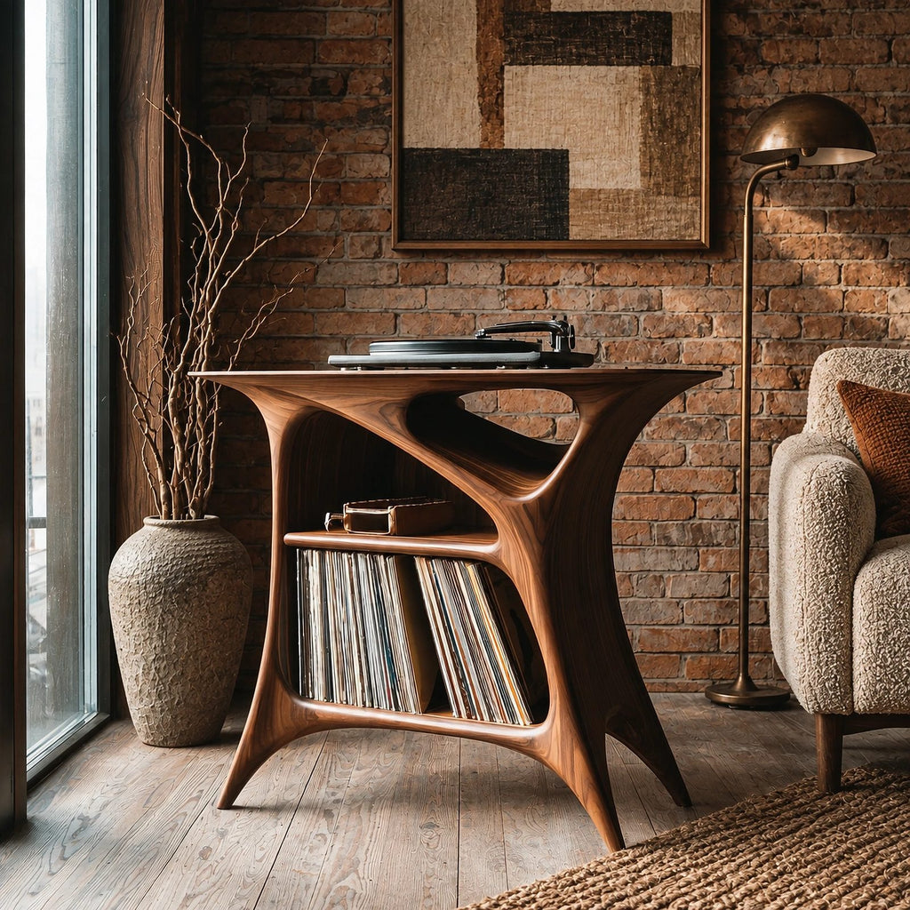 Handcrafted Arched Wood Record Player Stand With Open Shelf