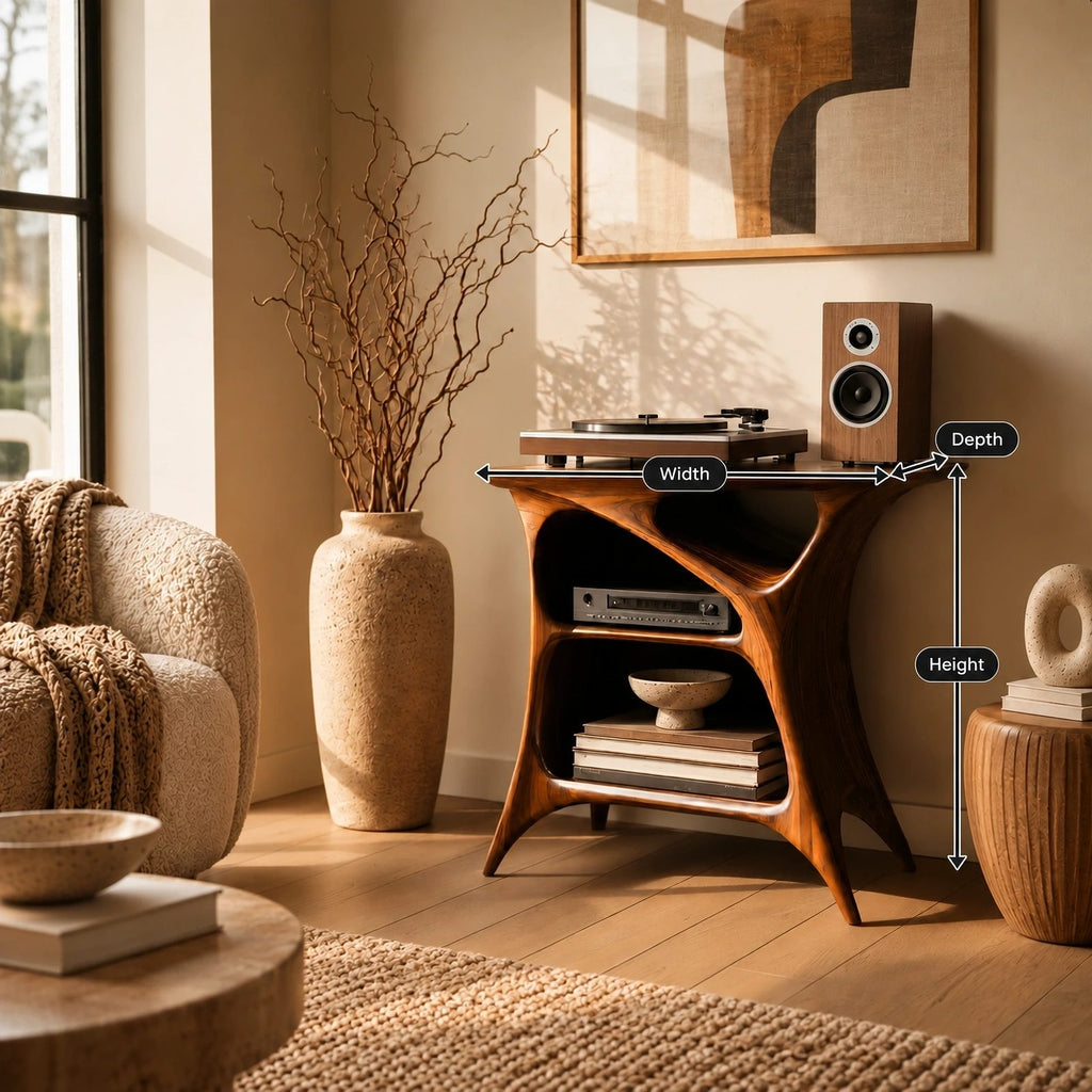 Handcrafted Arched Wood Record Player Stand With Open Shelf