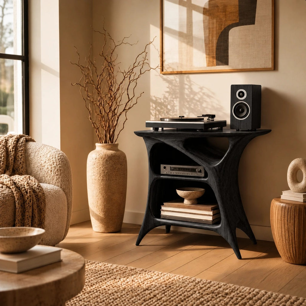 Handcrafted Arched Wood Record Player Stand With Open Shelf