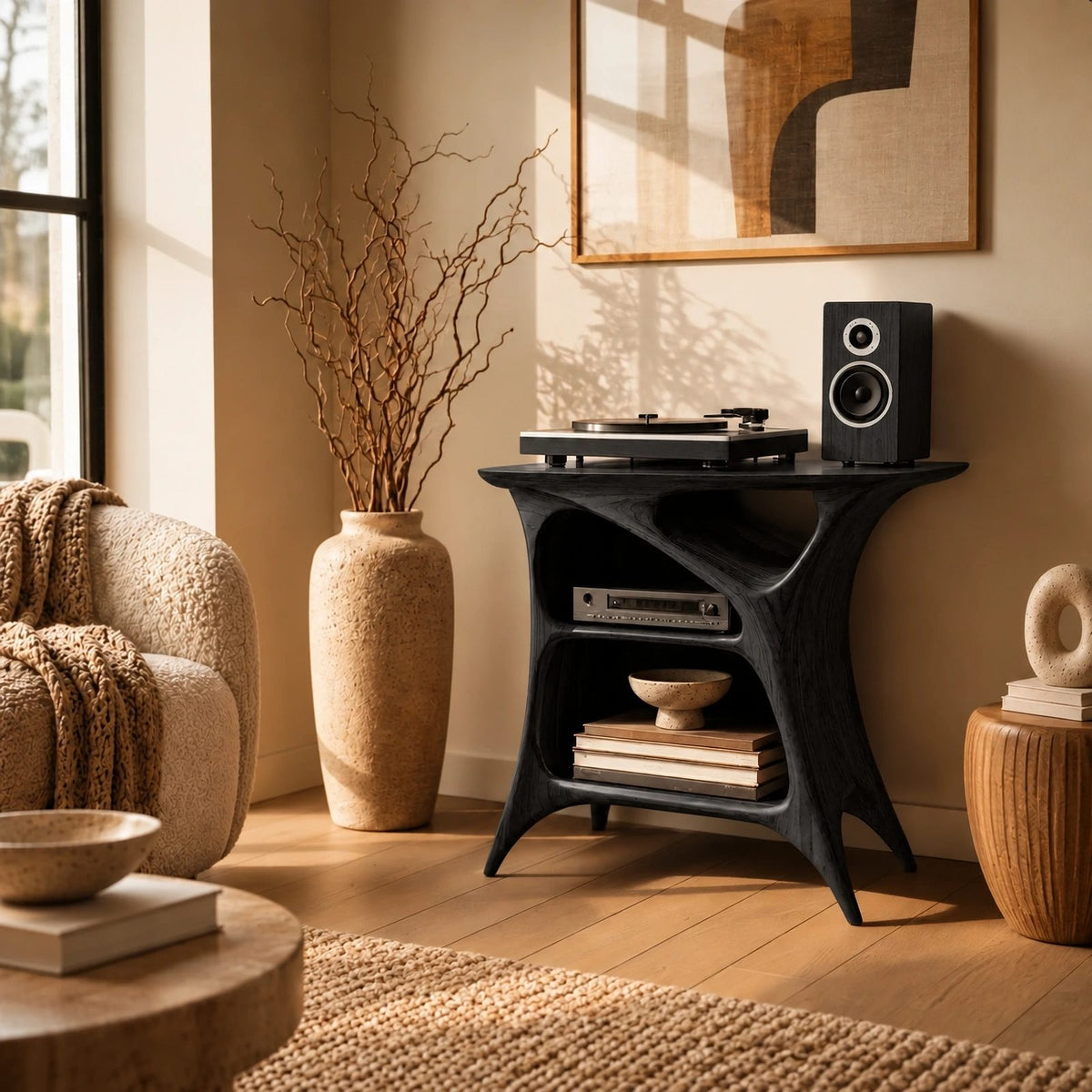 Handcrafted Arched Wood Record Player Stand With Open Shelf