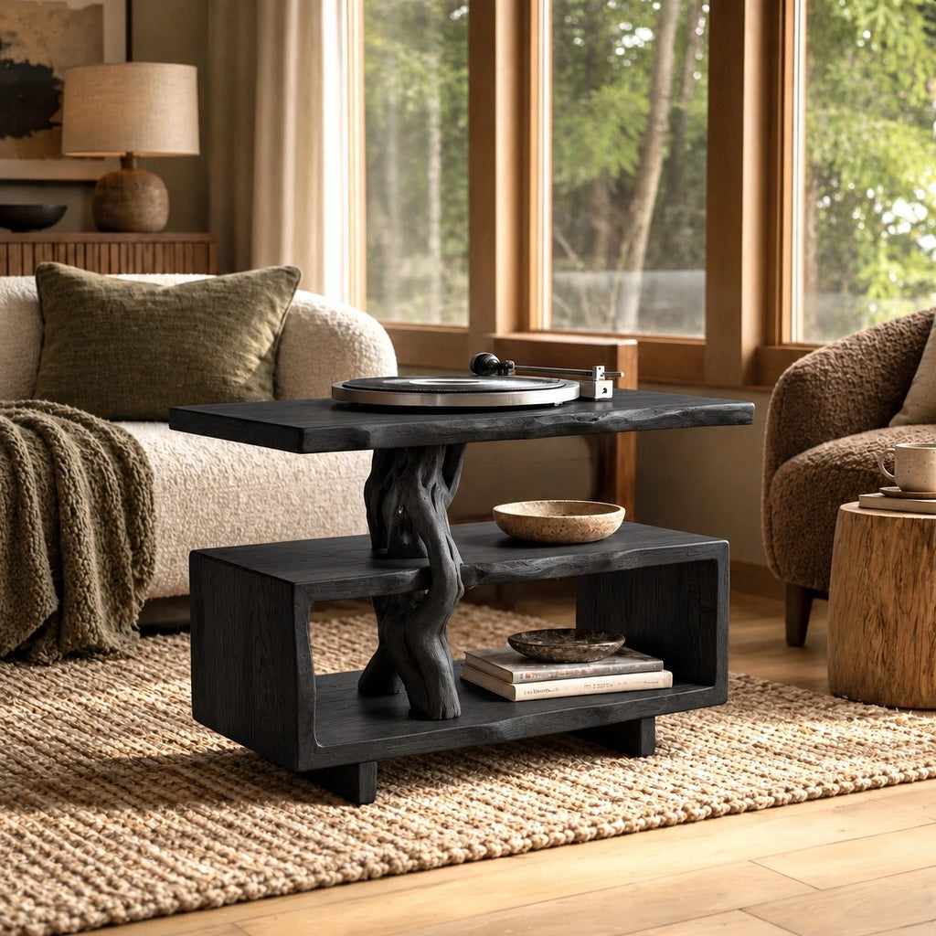 Rustic Root Form Wood Record Player Stand With Live Edge Top