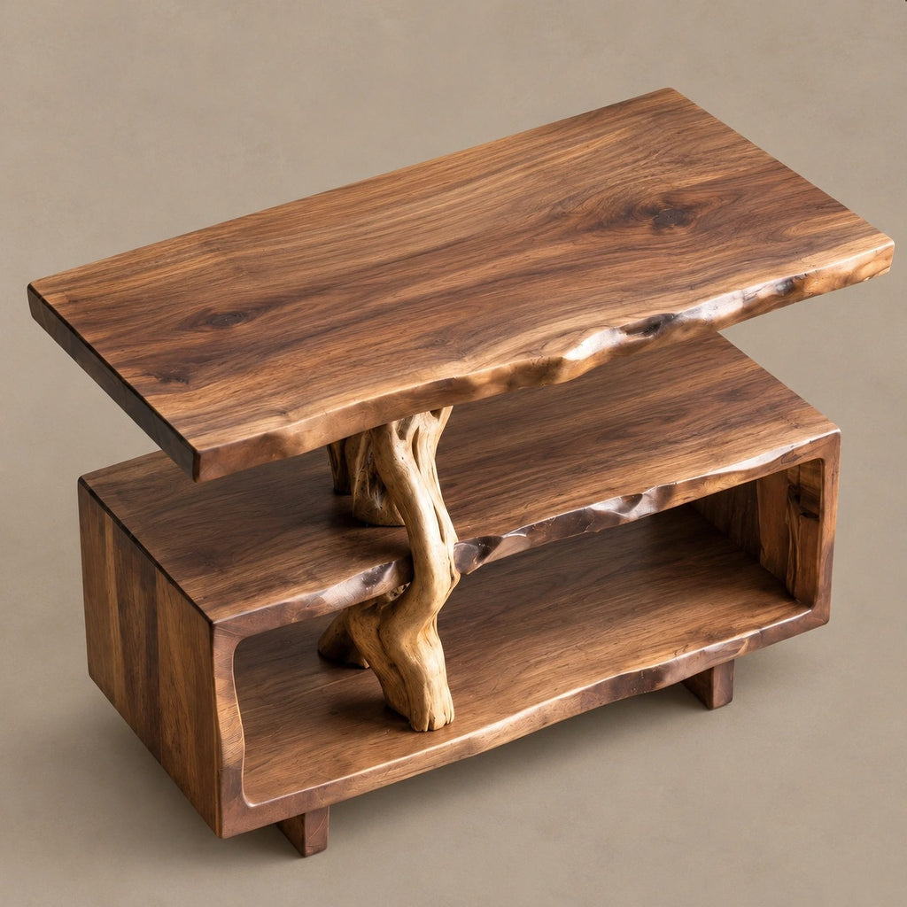 Rustic Root Form Wood Record Player Stand With Live Edge Top