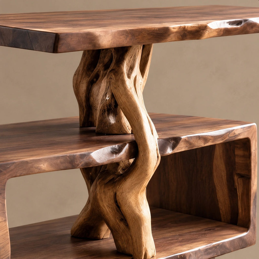 Rustic Root Form Wood Record Player Stand With Live Edge Top
