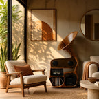 Sculptural Wood Record Player Stand With Curved Horn Silhouette