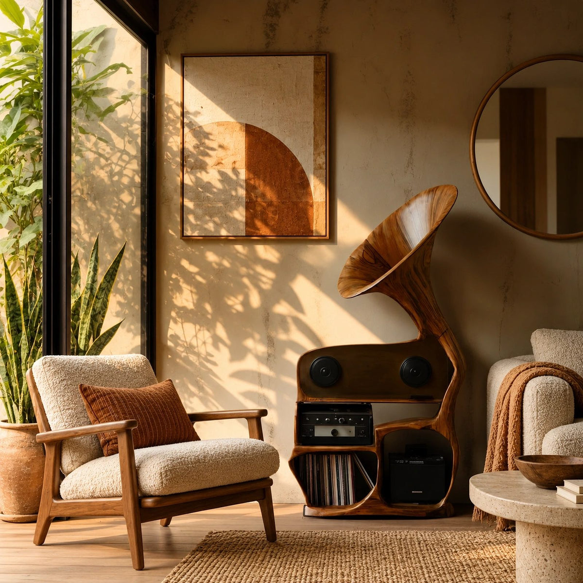 Sculptural Wood Record Player Stand With Curved Horn Silhouette