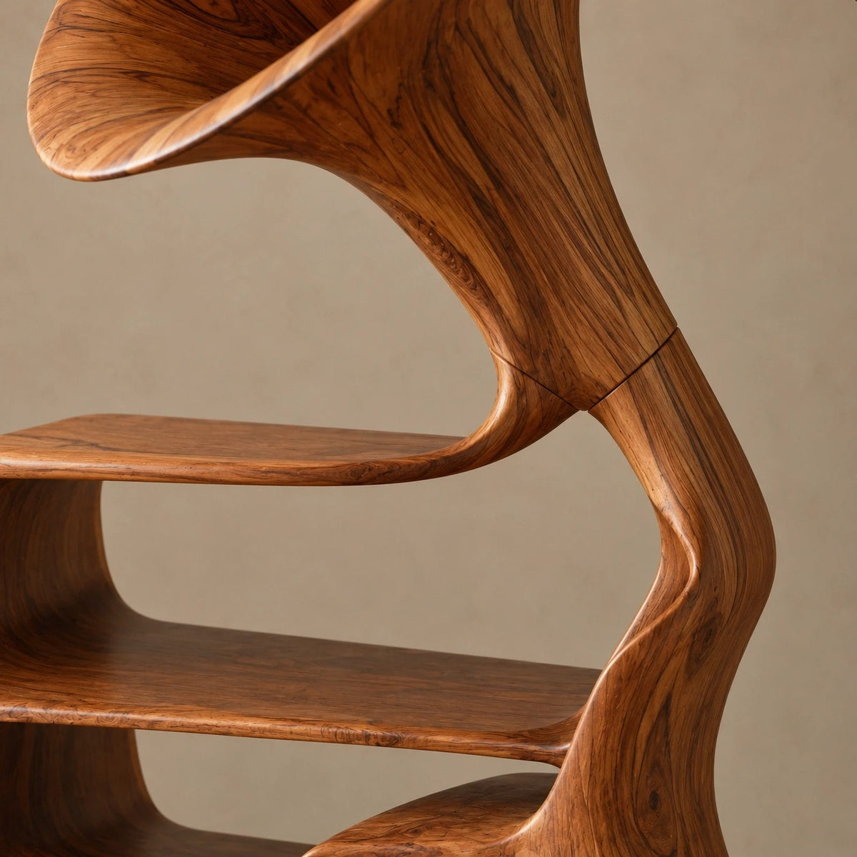 Sculptural Wood Record Player Stand With Curved Horn Silhouette