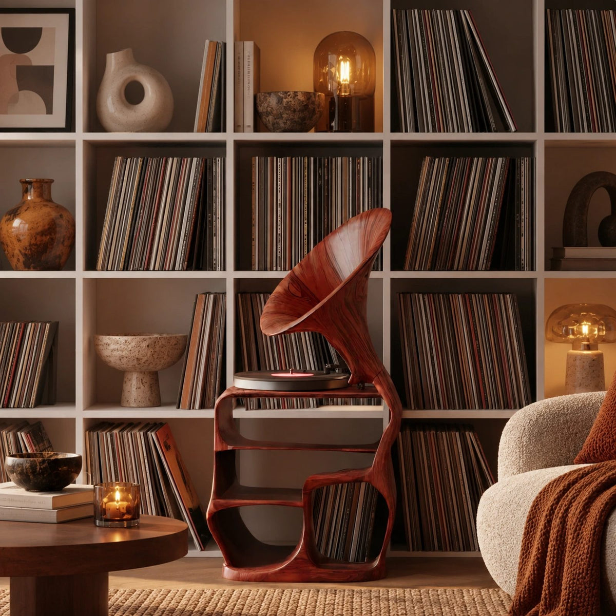 Sculptural Wood Record Player Stand With Curved Horn Silhouette