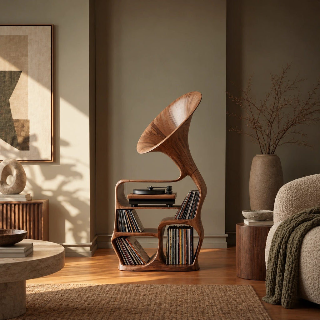 Sculptural Wood Record Player Stand With Curved Horn Silhouette