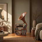 Sculptural Wood Record Player Stand With Curved Horn Silhouette
