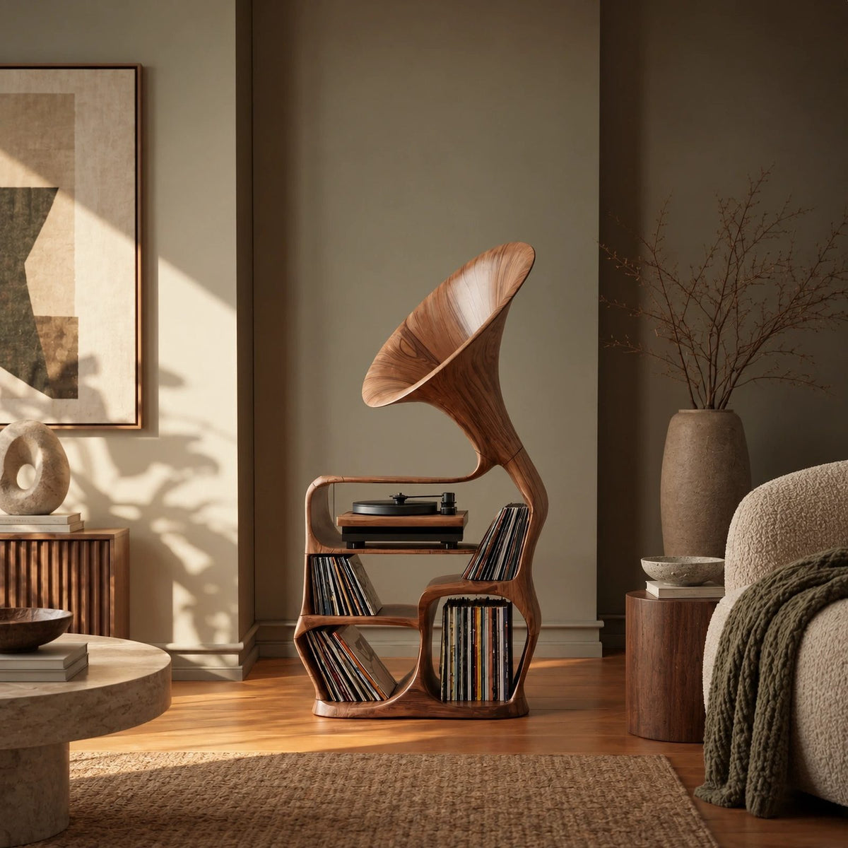 Sculptural Wood Record Player Stand With Curved Horn Silhouette