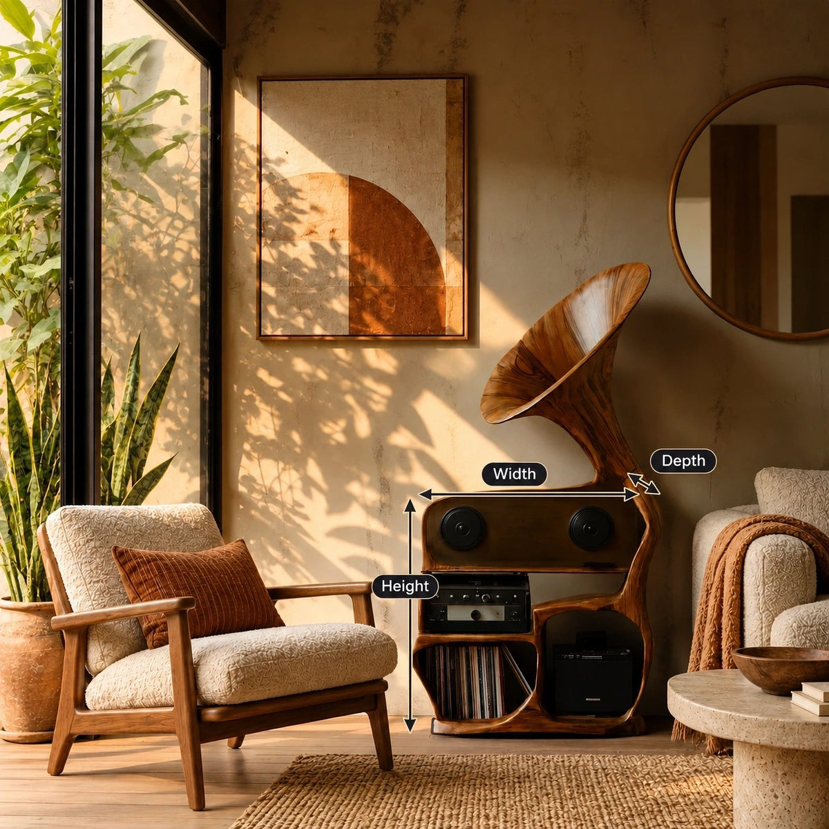 Sculptural Wood Record Player Stand With Curved Horn Silhouette
