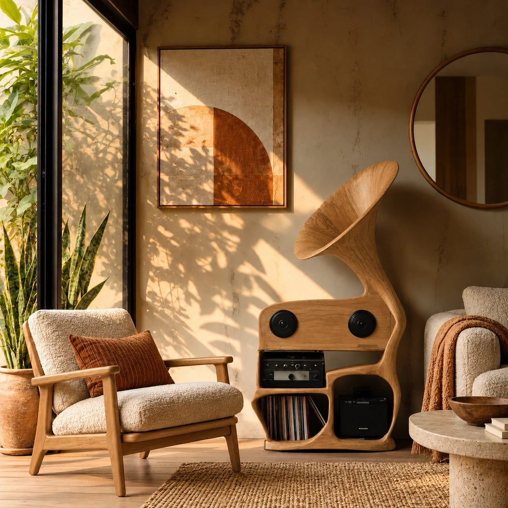 Sculptural Wood Record Player Stand With Curved Horn Silhouette