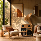 Sculptural Wood Record Player Stand With Curved Horn Silhouette
