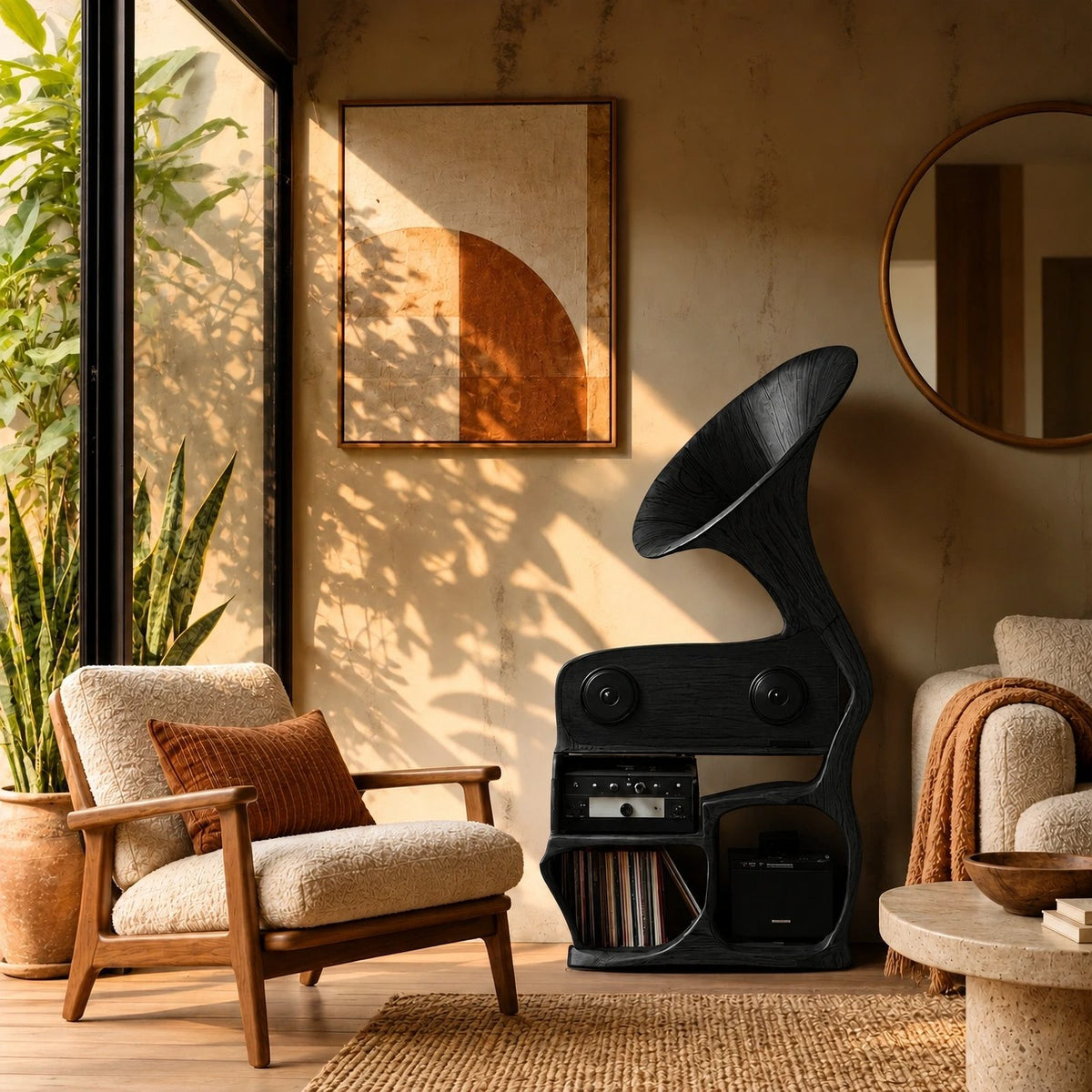 Sculptural Wood Record Player Stand With Curved Horn Silhouette