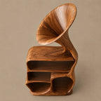 Sculptural Wood Record Player Stand With Curved Horn Silhouette