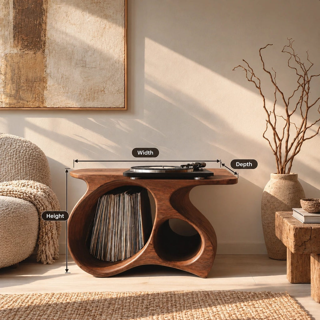 Organic Sculpted Wood Record Player Stand With Open Vinyl Niche