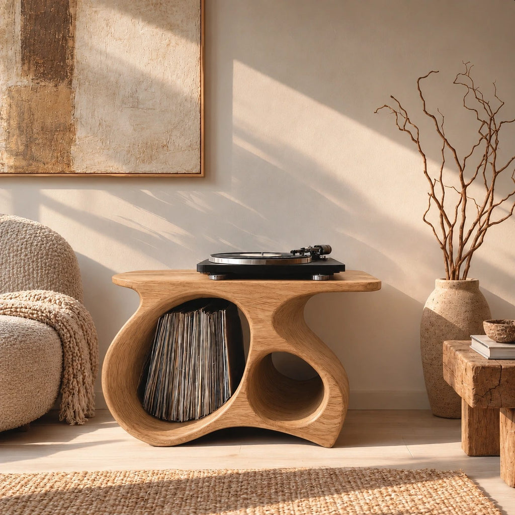 Organic Sculpted Wood Record Player Stand With Open Vinyl Niche