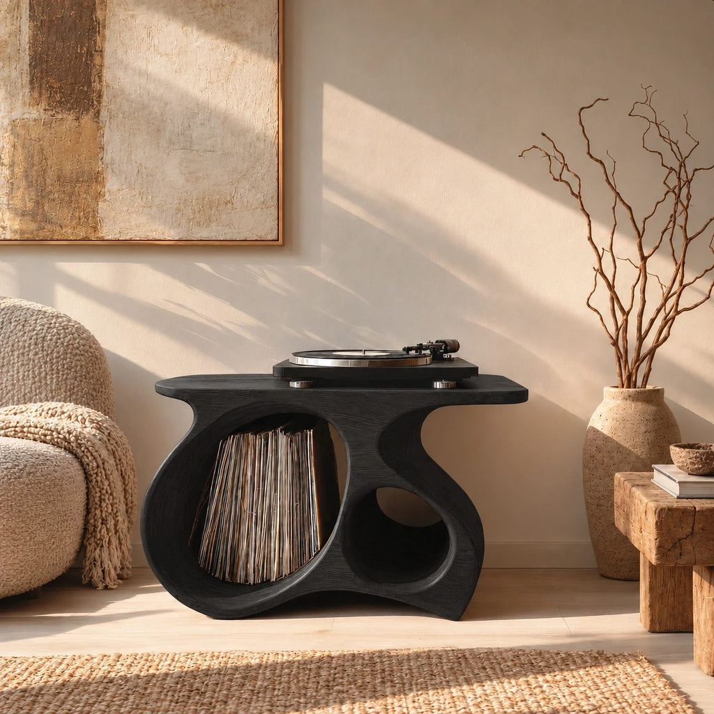 Organic Sculpted Wood Record Player Stand With Open Vinyl Niche