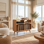 Rounded Wood Record Player Cabinet With Open Shelves For Living Room