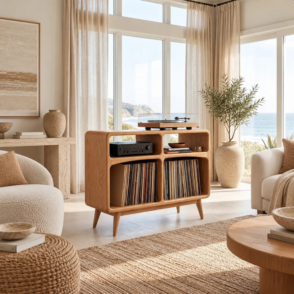 Rounded Wood Record Player Cabinet With Open Shelves For Living Room