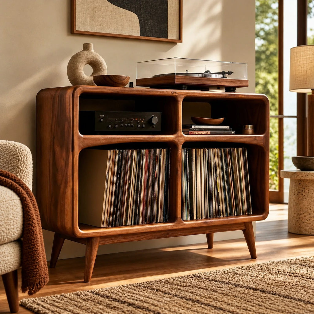 Rounded Wood Record Player Cabinet With Open Shelves For Living Room