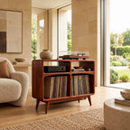 Rounded Wood Record Player Cabinet With Open Shelves For Living Room