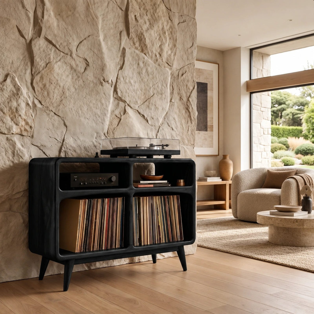 Rounded Wood Record Player Cabinet With Open Shelves For Living Room
