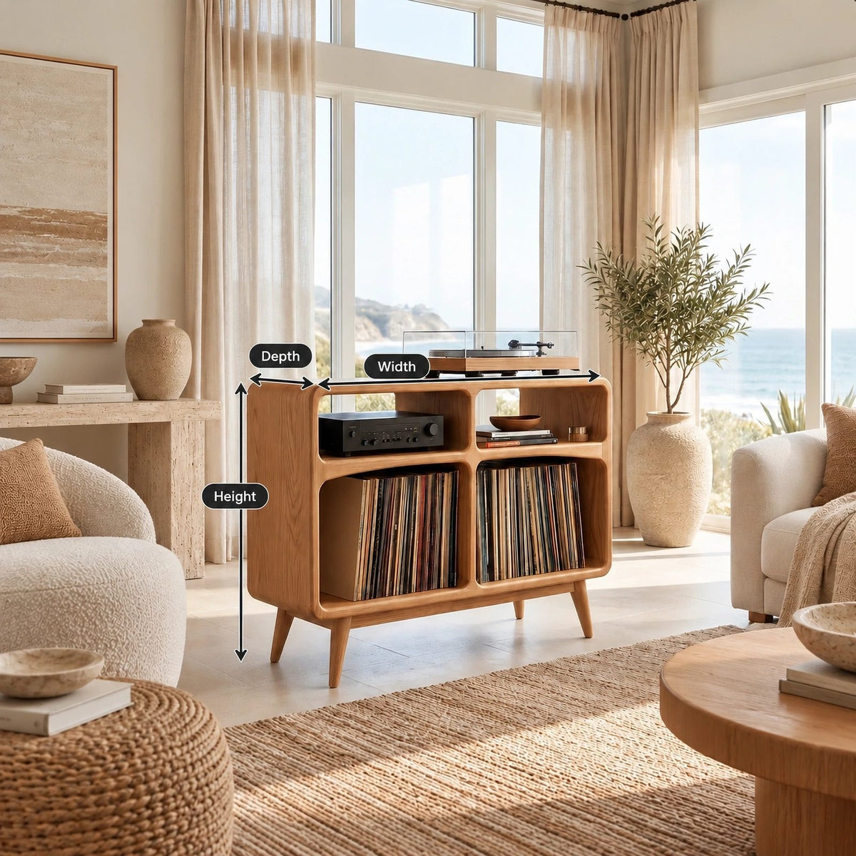 Rounded Wood Record Player Cabinet With Open Shelves For Living Room