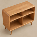 Rounded Wood Record Player Cabinet With Open Shelves For Living Room