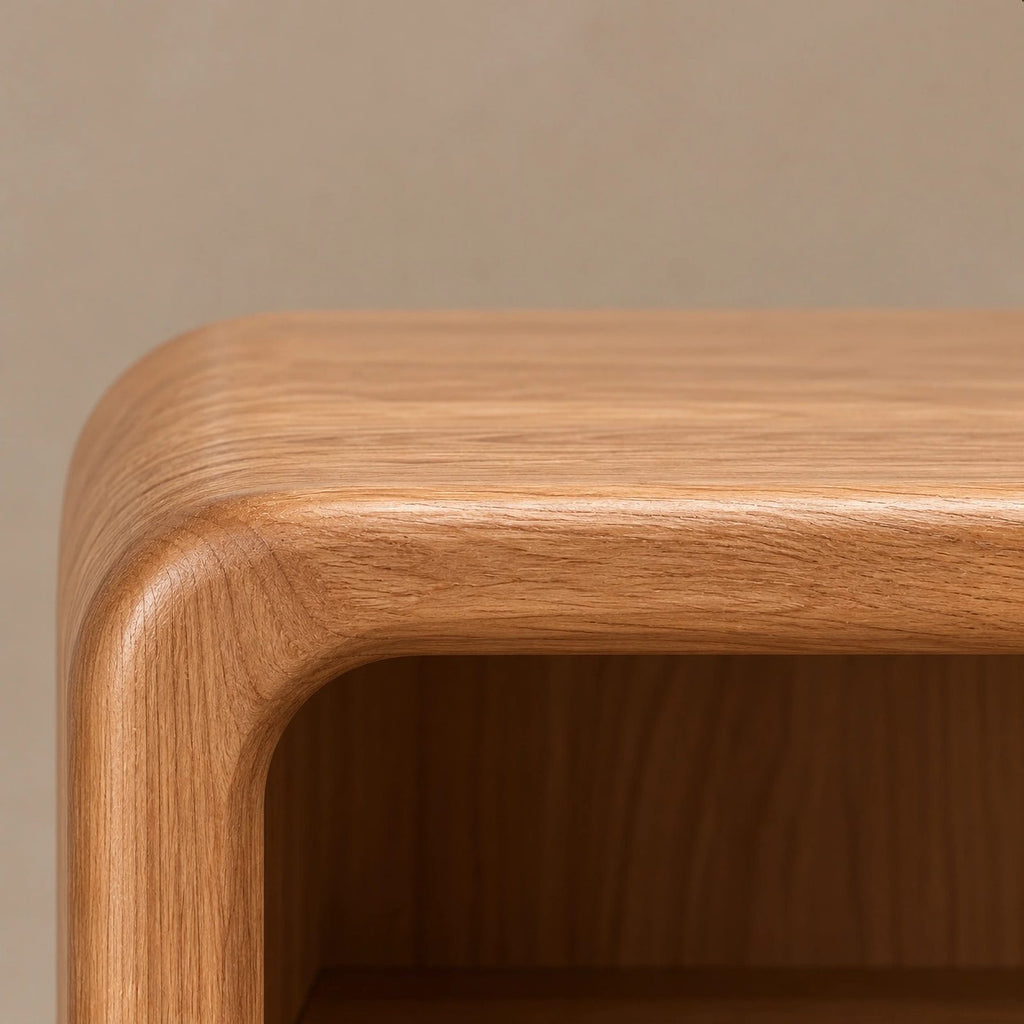 Rounded Wood Record Player Cabinet With Open Shelves For Living Room