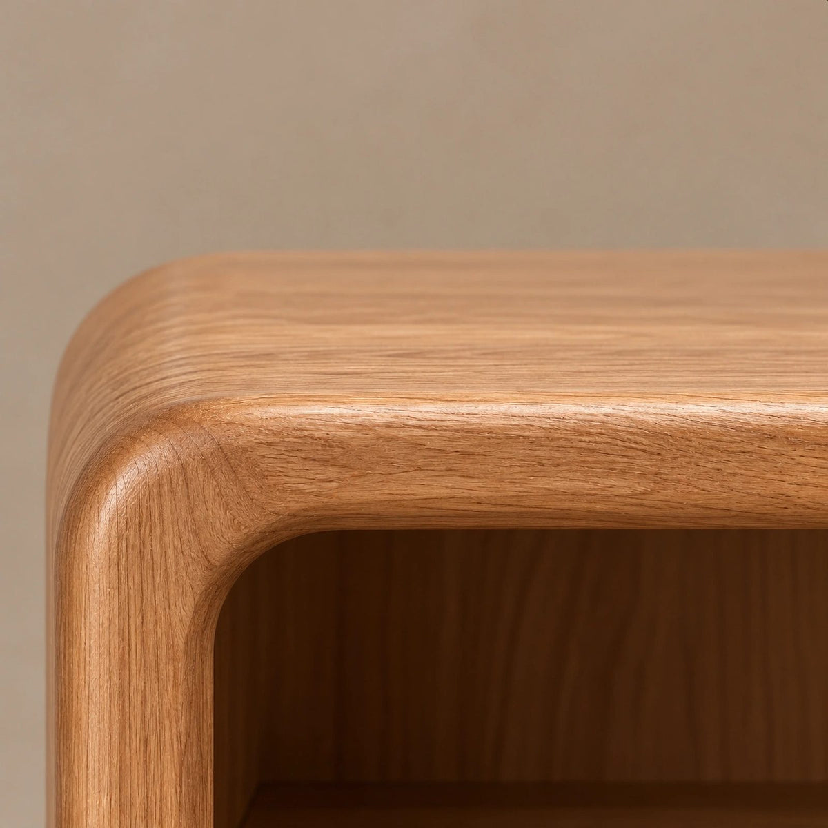 Rounded Wood Record Player Cabinet With Open Shelves For Living Room