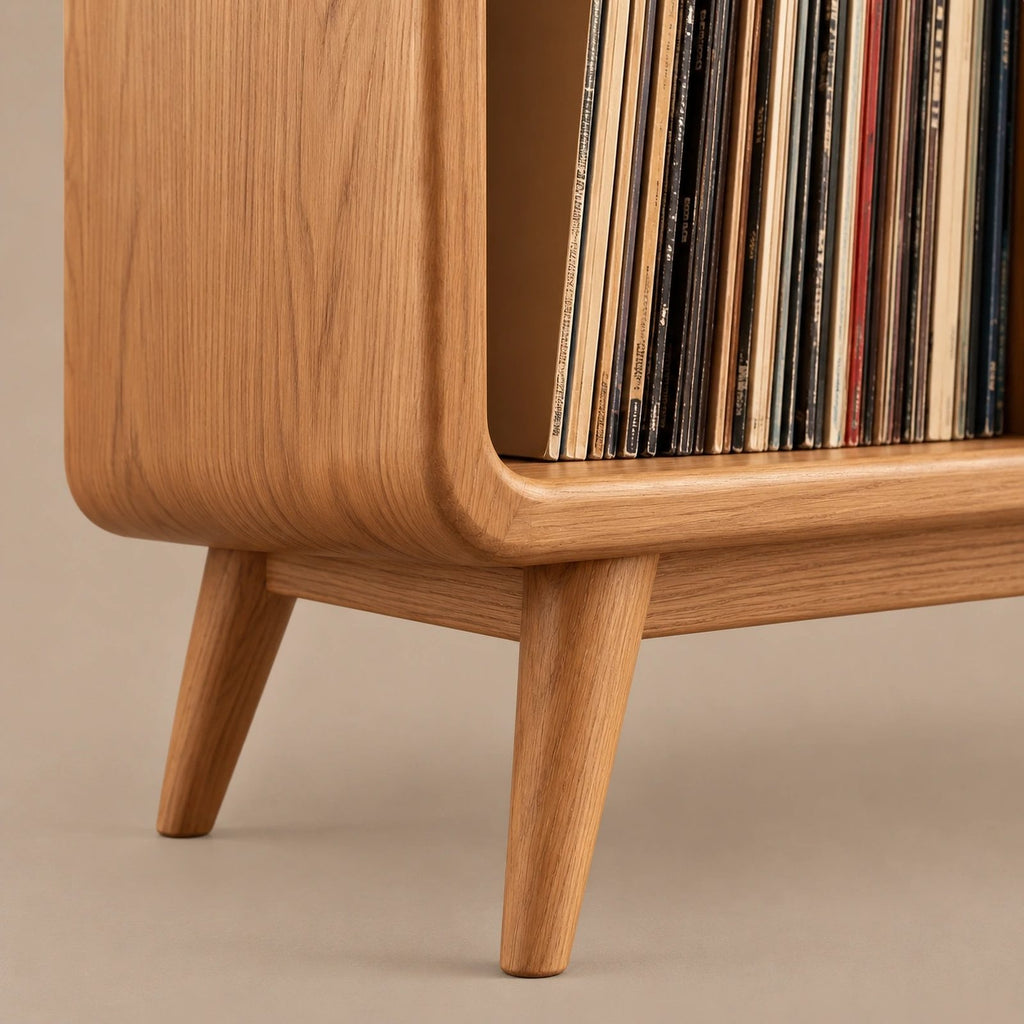 Rounded Wood Record Player Cabinet With Open Shelves For Living Room