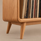 Rounded Wood Record Player Cabinet With Open Shelves For Living Room