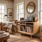 Curved Wood Record Player Console With Storage Drawer For Living Room