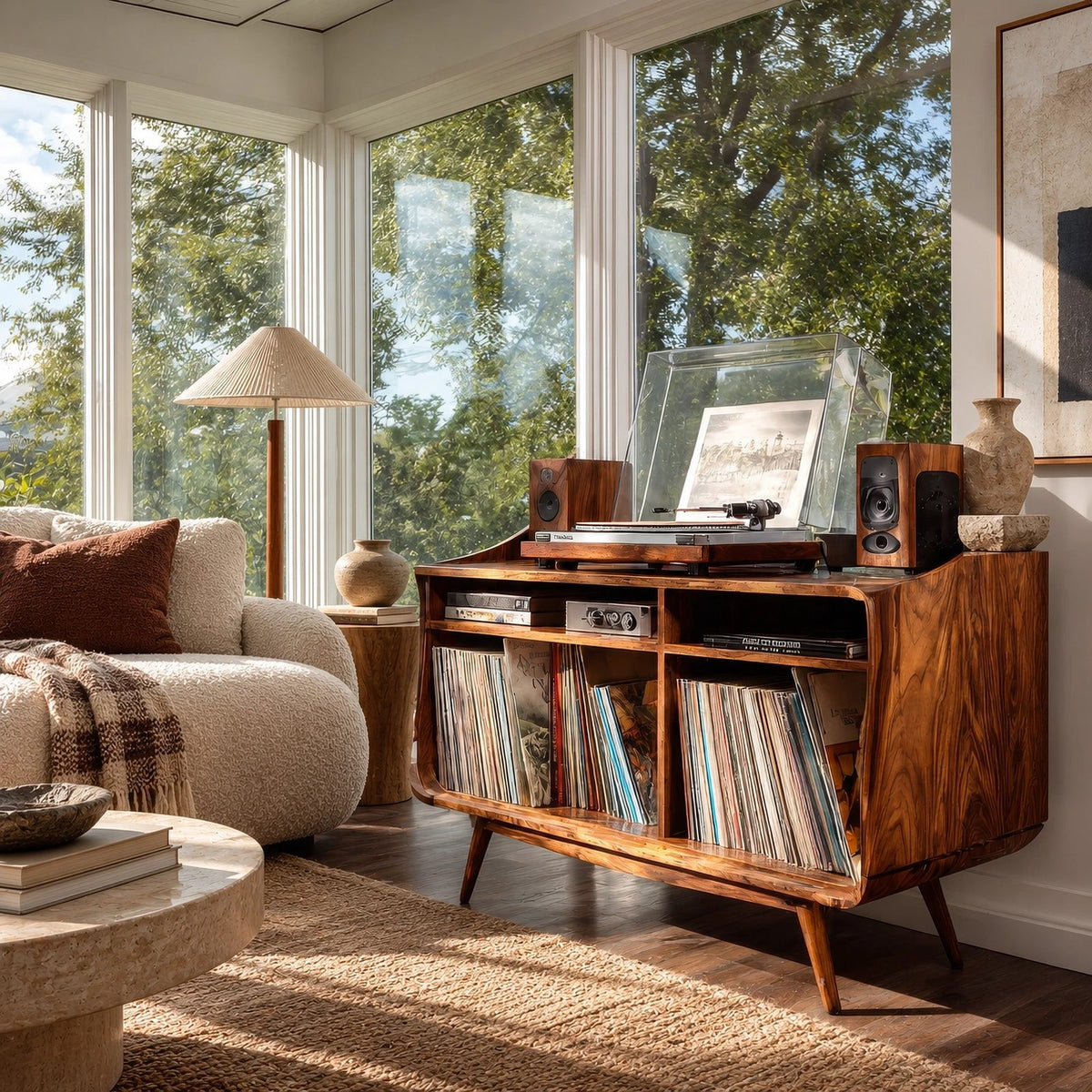 Curved Wood Record Player Console With Storage Drawer For Living Room