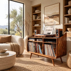 Curved Wood Record Player Console With Storage Drawer For Living Room