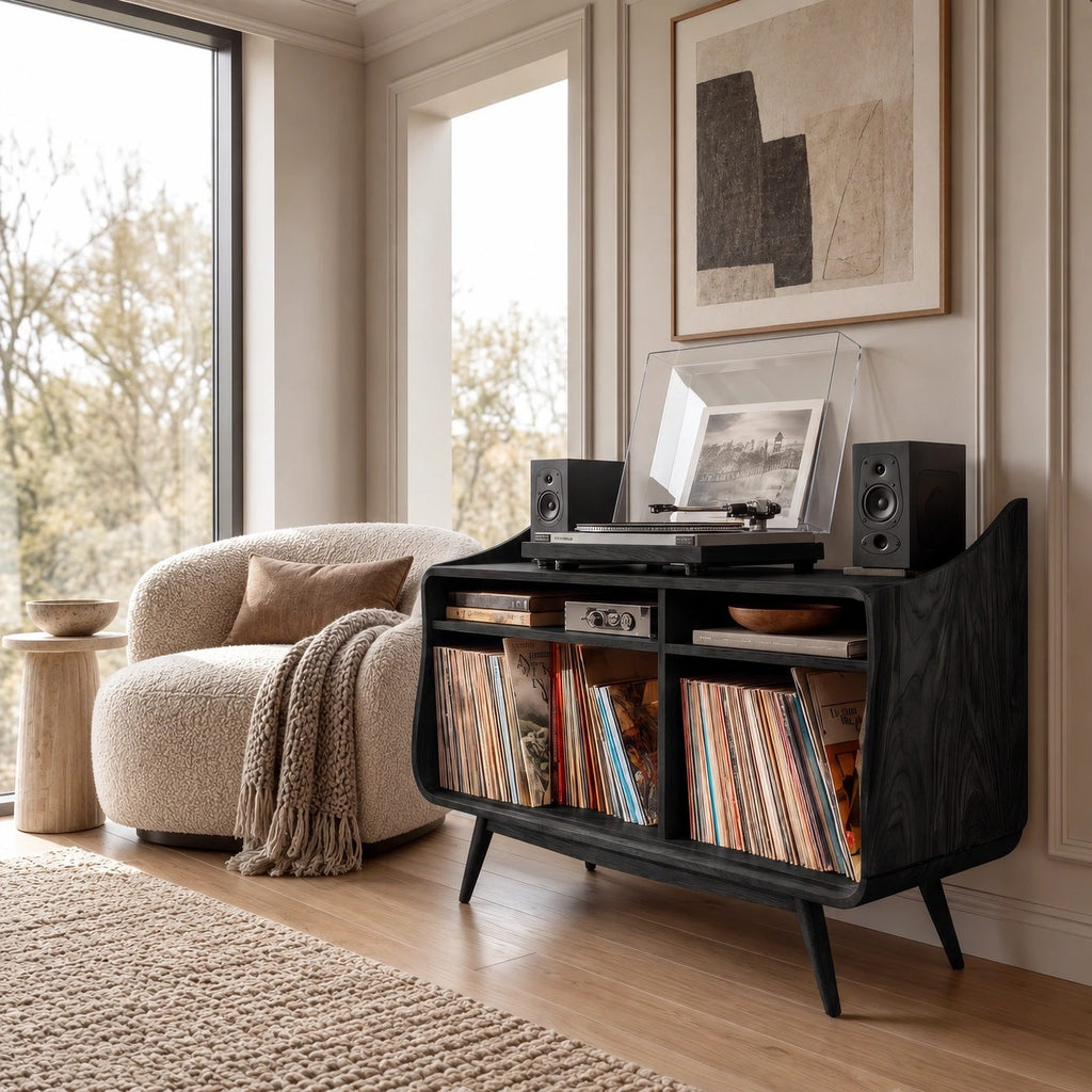 Curved Wood Record Player Console With Storage Drawer For Living Room
