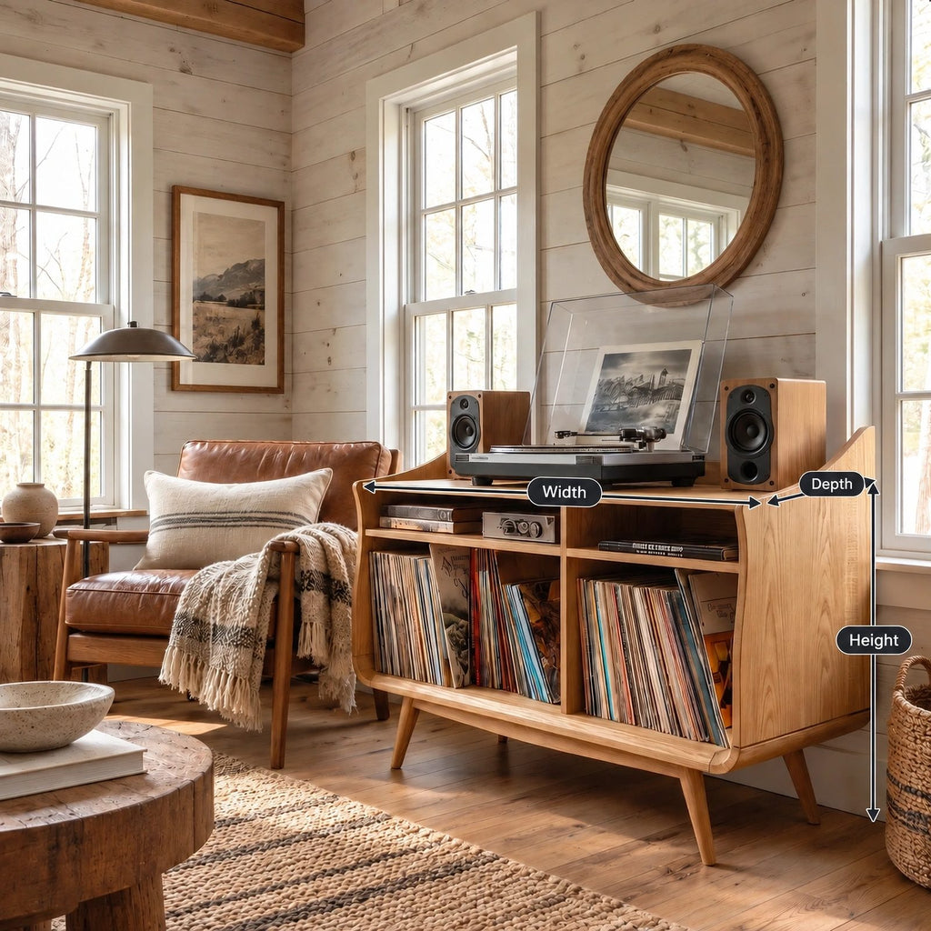 Curved Wood Record Player Console With Storage Drawer For Living Room