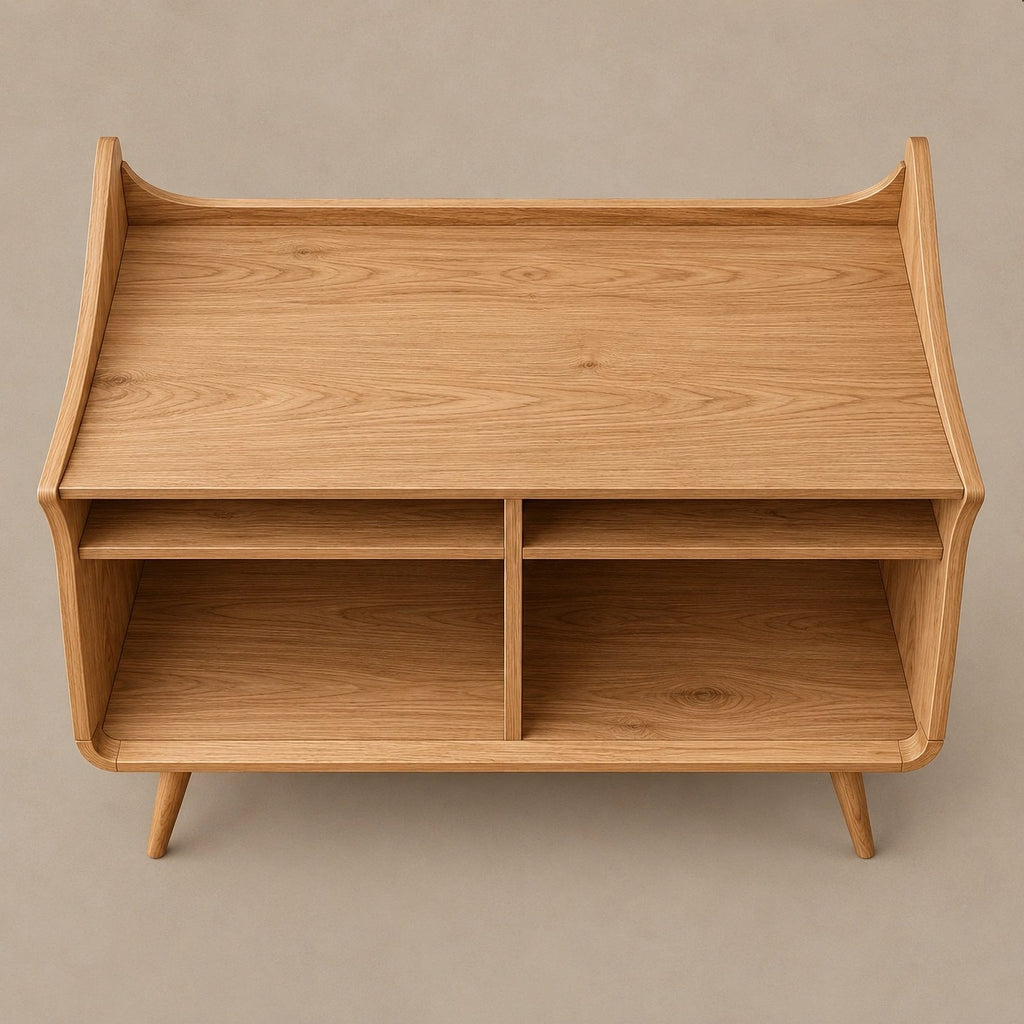 Curved Wood Record Player Console With Storage Drawer For Living Room
