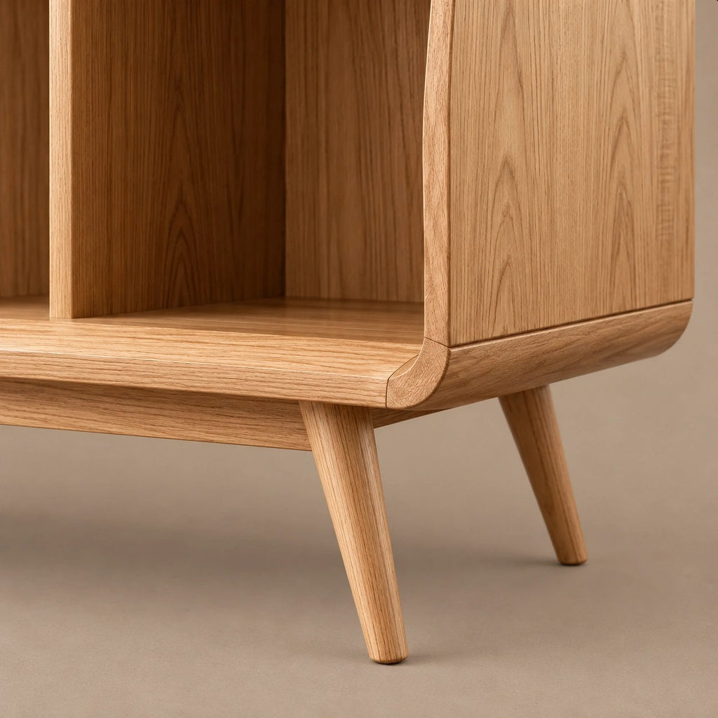 Curved Wood Record Player Console With Storage Drawer For Living Room